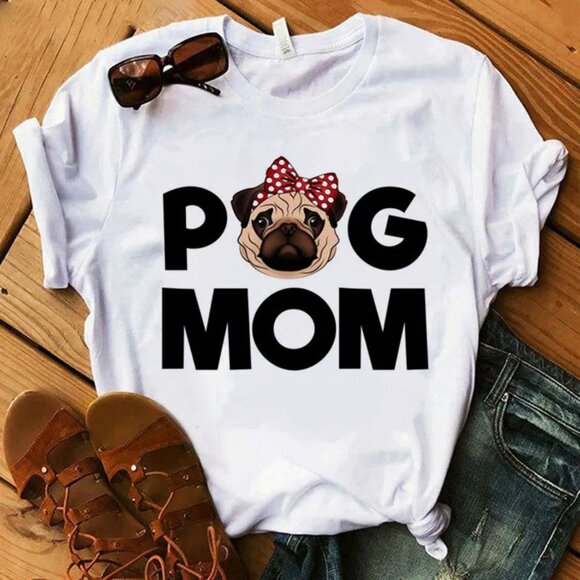 PUG MOM #1 Printed Round Neck Short-Sleeved Women T-Shirt Size LARGE - Picture 2 of 2